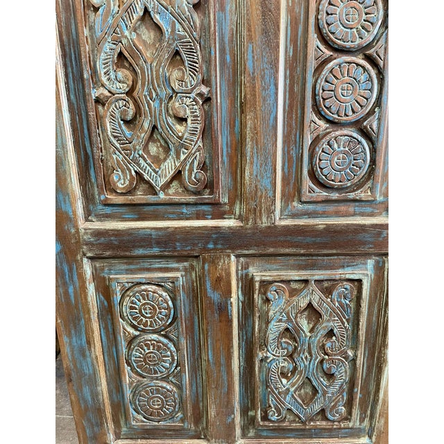Mid-Century Modern Vintage Lotus Carved Wood Door | Distressed Blue Sliding Barn Door 80x36 For Sale - Image 3 of 7
