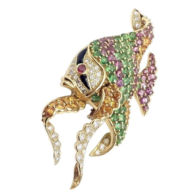 Metal Jean Vitau Diamond Color Stone Large Angel Fish Yellow Gold Brooch For Sale - Image 7 of 10