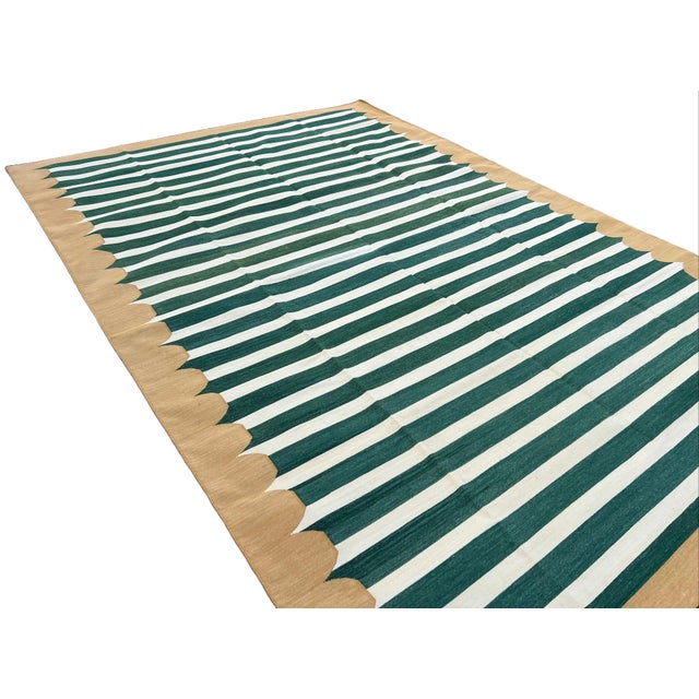 Textile Handmade Cotton Area Rug, Green and White Striped Dhurrie With Mustard Border -5' Round For Sale - Image 7 of 11
