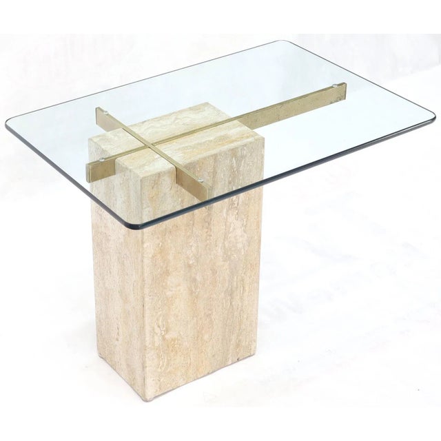 Mid-Century Modern Travertine Base Glass Top Mid-Century Modern Side Table For Sale - Image 3 of 11