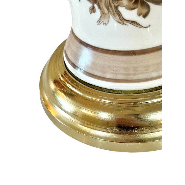 Underwriters Laboratories Pair Vintage Brown and White Ceramic Transferware Hollywood Regency Style Lamps For Sale - Image 4 of 12