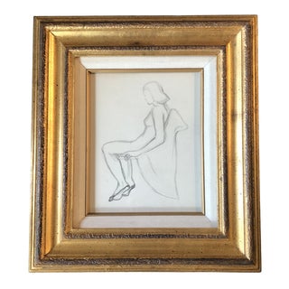 Original Vintage Art Deco Seated Female Nude Charcoal Study Drawing Vintage Frame 1940's For Sale