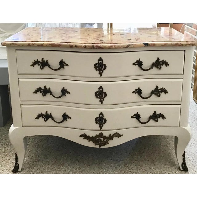 1910s Antique Louis XVI Style Bronze Mounted Lacquered Commode Chest of Drawers W Marble Top For Sale - Image 5 of 7