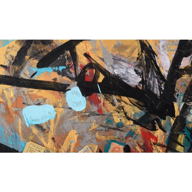 Abstract expressionist oil painting with assembled objects by Bay Area artist Michael Pauker (American, b. 1957). Against...