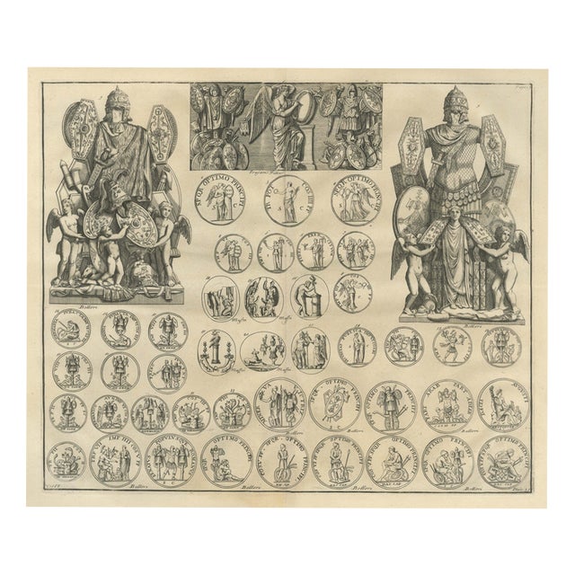Bernard de Montfaucon, Roman Trophies and Victory Coins with Trajan's Column Victory, 1722, Engraving For Sale