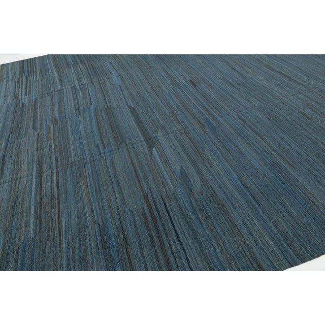 Modern Minimalist Slate Blue Handmade Kilim Wool Rug 12x18 For Sale - Image 4 of 12