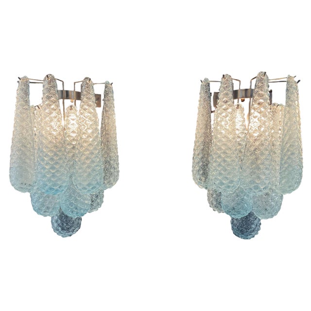Vintage Blue Glass Petal Drop Wall Sconces, Murano, 1970s, Set of 2 For Sale