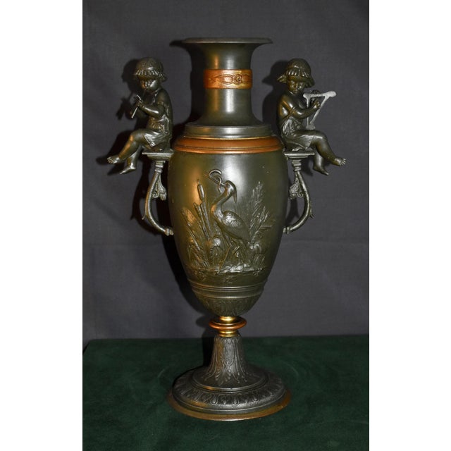 Vintage Mixed Metal Vase French Style Urn With Figural Cherubs and Cranes For Sale - Image 16 of 17