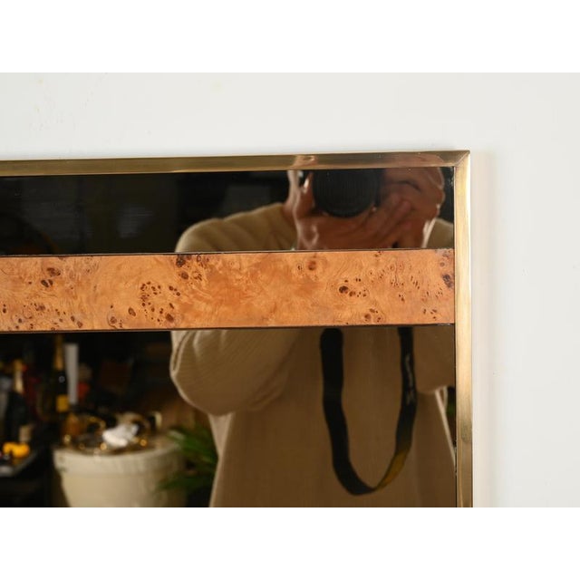 Large Smoked Glass, Poplar Burl and Brass Mirror by Romeo Rega for Nazaret, Italy, 1970s For Sale - Image 14 of 15