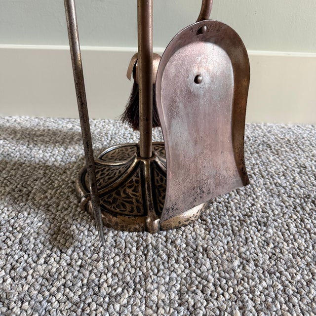 Sheffield Pullman Antique Tudor Rose Fireplace Andirons, Tools & Rack For Sale - Image 9 of 14