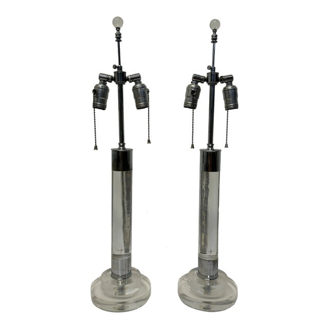 Mid-Century Lucite and Chrome Table Lamps - a Pair For Sale