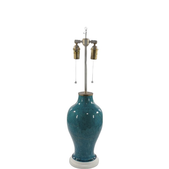 Chinese Tall Chinese Teal Glazed Ceramic Lamp For Sale - Image 3 of 3