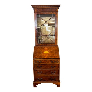 Vintage Georgian Narrow Inlay Mahogany Secretary Desk & Bookcase For Sale