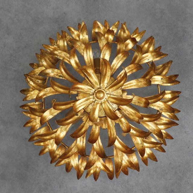 Mid-Century Modern Mid-Century Modern Spanish Gilt Iron Foliage Flush Mount, 1950s For Sale - Image 3 of 7