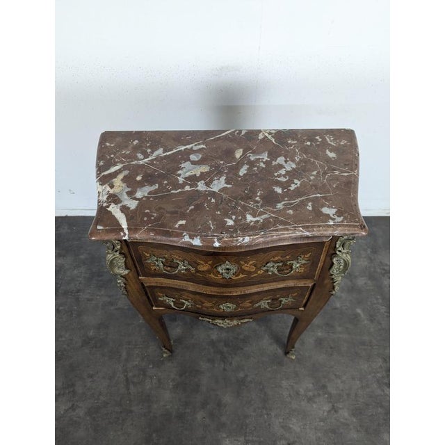 Small Louis XV Style Commode with Marquetry and Red Marble Top For Sale - Image 4 of 11