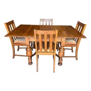 Rare 1925 Jacobean-Elizabethan Solid Oak Draw-Leaf Dining Set – Hand-Carved Masterpiece For Sale