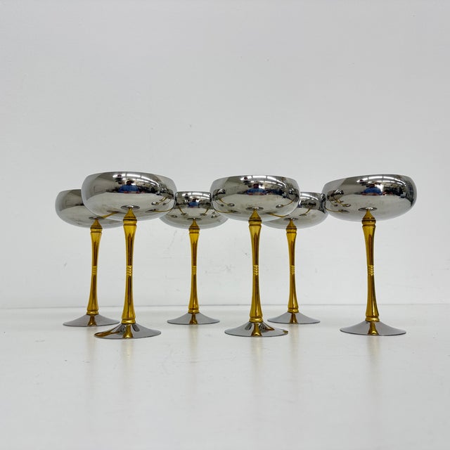 Mid-Century Italian Stainless Steel and Brass Champagne Coupes, 1970s, Set of 6, in Good conditions. Designed 1970 to 1979