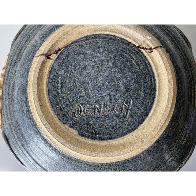 1980’s Jensen Art Studio Stoneware Wall Plate / Bowl With Woven Wicker Handles For Sale - Image 9 of 12