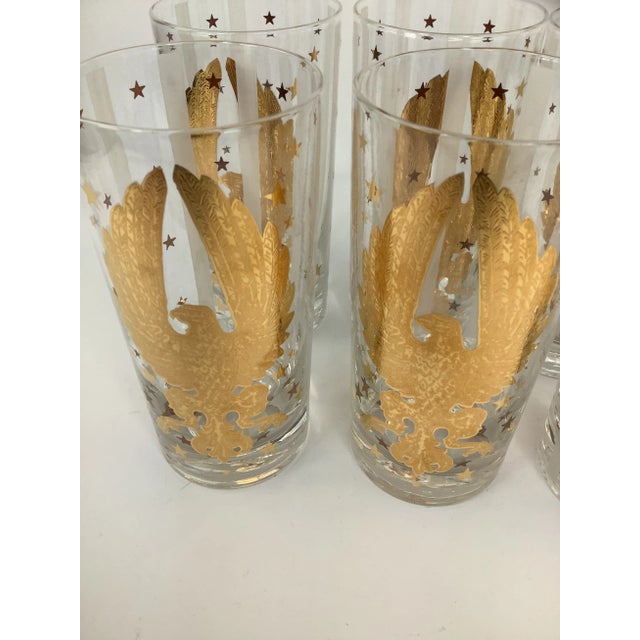 Set of 6 Vintage Gay Fad Highball Collins Cocktail Glasses with Gilt Eagles and Stars and Frosted White Stripes. Glasses...