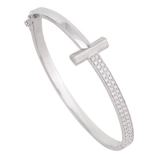 Modernist T Bar Cubic Zirconia Bangle Bracelet in 925 Silver - Anniversary Gift For Sale