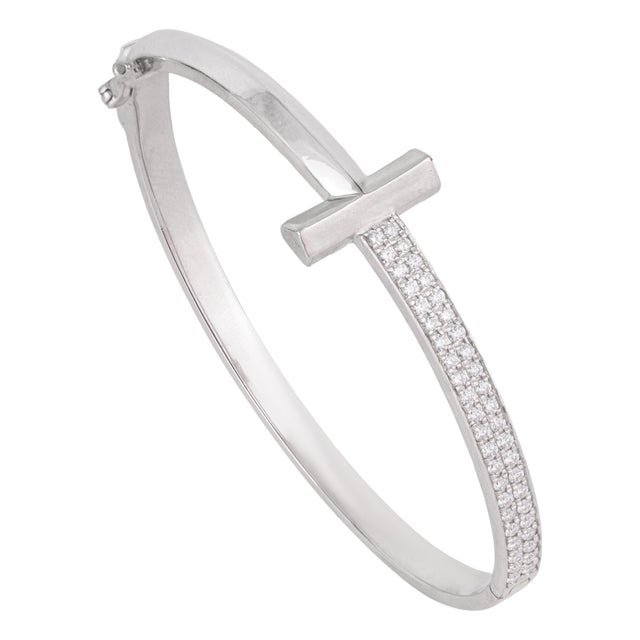 Modernist T Bar Cubic Zirconia Bangle Bracelet in 925 Silver - Anniversary Gift For Sale