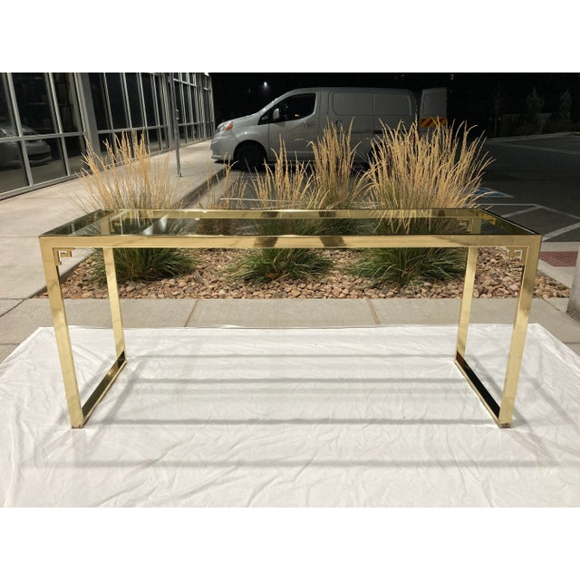 Mastercraft Mid-Century Modern Brass Profile Console Sofa Table Having Greek Key Motif in Mastercraft For Sale - Image 4 of 13