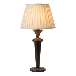 Navy Blue Leather and Brass Table Lamp with Pleated Shade, 1950s For Sale