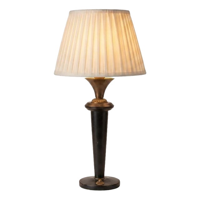 Navy Blue Leather and Brass Table Lamp with Pleated Shade, 1950s For Sale