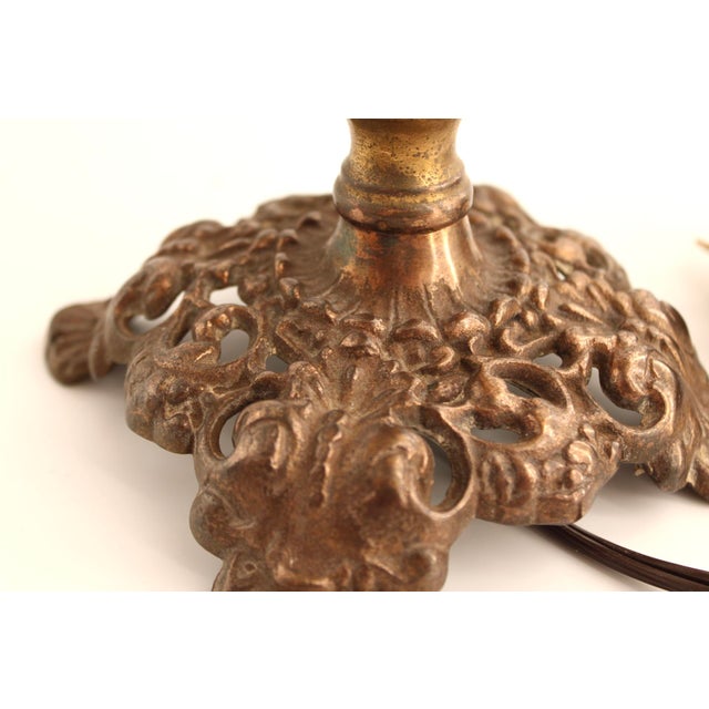 Metal Vintage Art Nouveau Blown Glass Table Lamp W/ Brass Base, Caramel Slag, Houze For Sale - Image 7 of 15