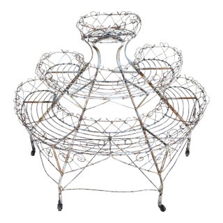 Antique Ornate French Half-Circled Tiered Heart Wire Plant Stand W/ Castor Wheels For Sale