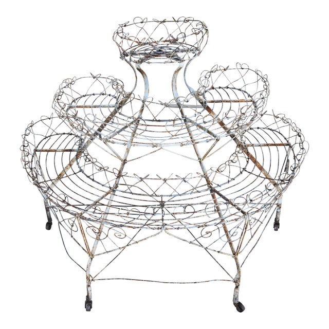 Antique Ornate French Half-Circled Tiered Heart Wire Plant Stand W/ Castor Wheels For Sale