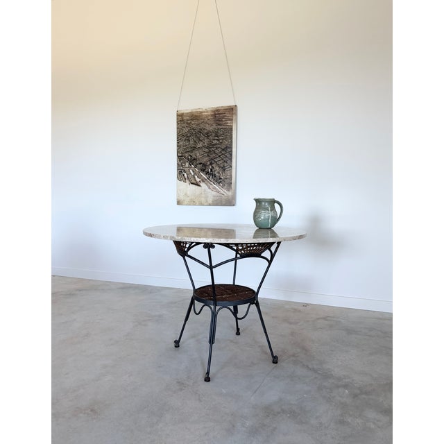 Mid-Century Modern Round Breccia Botticelli Marble Top on Iron Frame Table Inset With Woven Wicker For Sale - Image 3 of 16