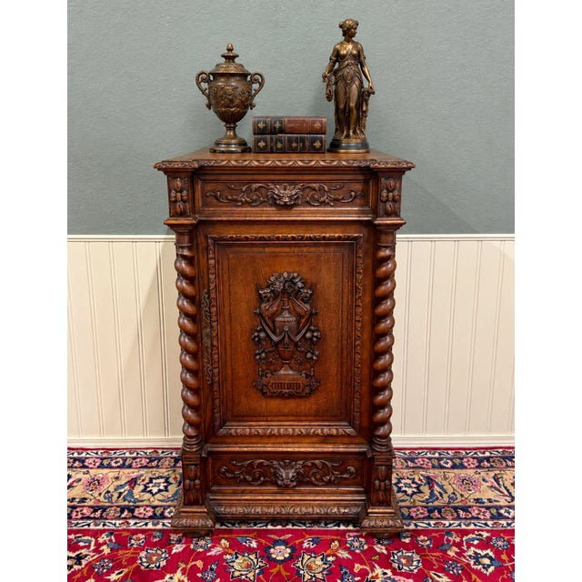 Antique French Renaissance Revival Oak Cabinet Barley Twist Carved Drawers 19thC For Sale - Image 4 of 17