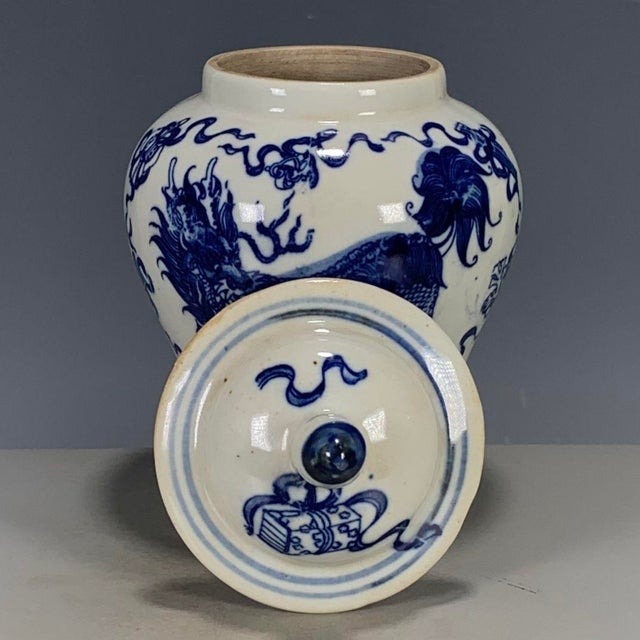 This is a beautiful vintage Chinese Blue and White porcelain jar, featuring a classic "General" shape with a wide...