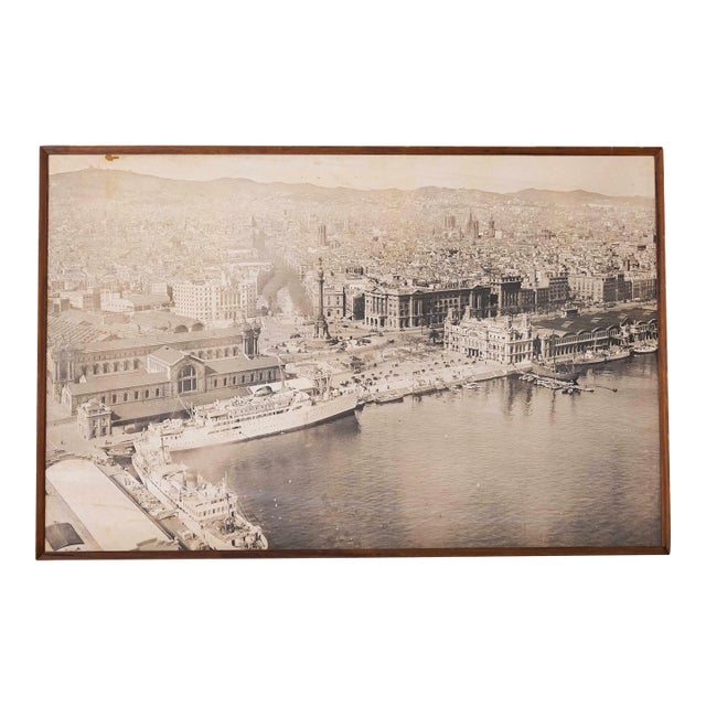 Vintage 1940's Spanish Wood Framed Photograph, Port of Barcelona For Sale