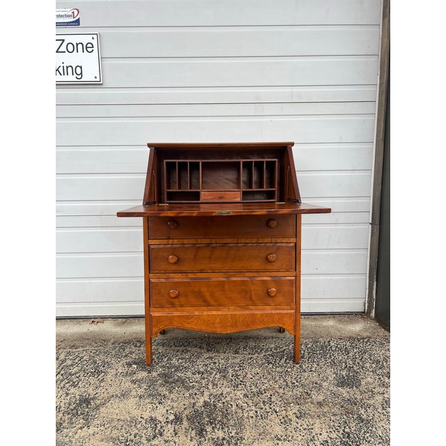 1980s Vintage Maple Drop-Front Secretary Desk With Three Drawers For Sale - Image 5 of 12