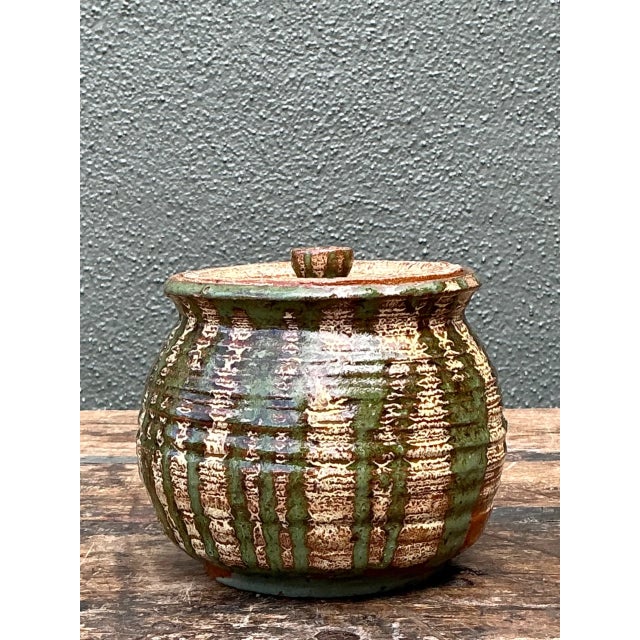 Mid-Century Modern Vintage Textured Pottery Lidded Jar For Sale - Image 3 of 12