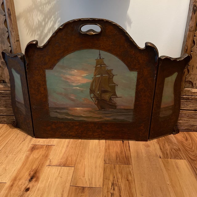 Early 20th Century Antique Arts & Crafts Firescreen Original Painting of a Ship For Sale - Image 6 of 6