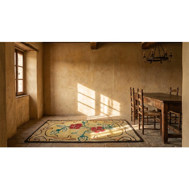 Considerable Yellow Mustard Color With Lovely Florid Design Antique American Hooked Rug For Sale - Image 12 of 12