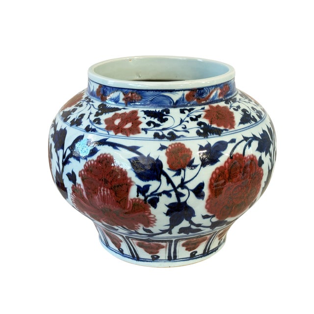Chinoiserie Vintage Ming Style Chinoiserie Blue and White Vase/Cachepot 11" H For Sale - Image 3 of 10