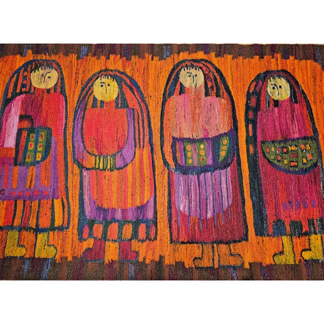 Mid-Century Modern Vintage Mid-Century Tapestry, Handwoven Wool, Folkloric Schoolgirls Design, Crimson & Yellow, 38” X 70” For Sale - Image 3 of 11
