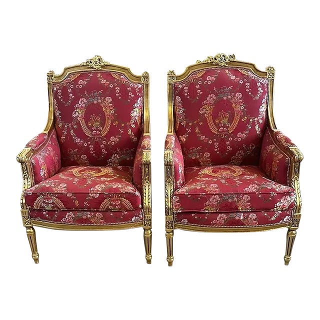 French Baroque Style Red Wingback Chair - Set of 2 For Sale