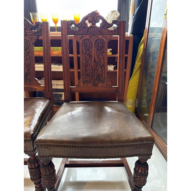 Set of 4 - Antique Gothic Revival Carved Oak Hall Chairs - Leather Seat Nailhead For Sale - Image 4 of 8