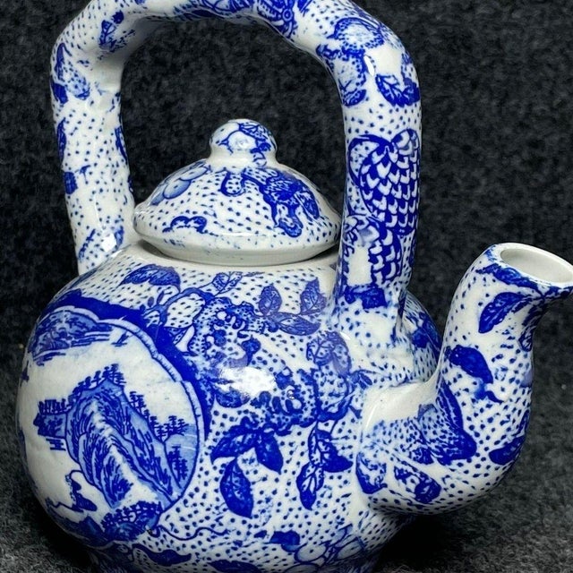 Vintage Chinese Blue and White Porcelain Teapot With Overhead Handle and Mountain Landscape For Sale - Image 4 of 9