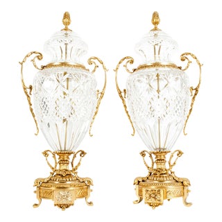 Footed Gilt Bronze-Mounted / Cut Crystal Urns - a Pair For Sale