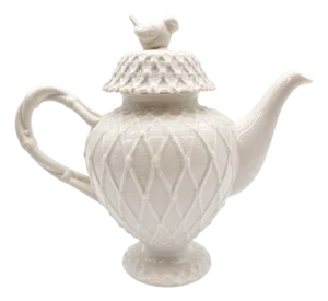 Gracie China White Victorian Teapot With Bird Finial and Raised Lace Relief