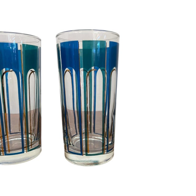 1970s Vintage Mid-Century Modern Blue Geometric Highball Glasses - Set of 5 For Sale - Image 5 of 10