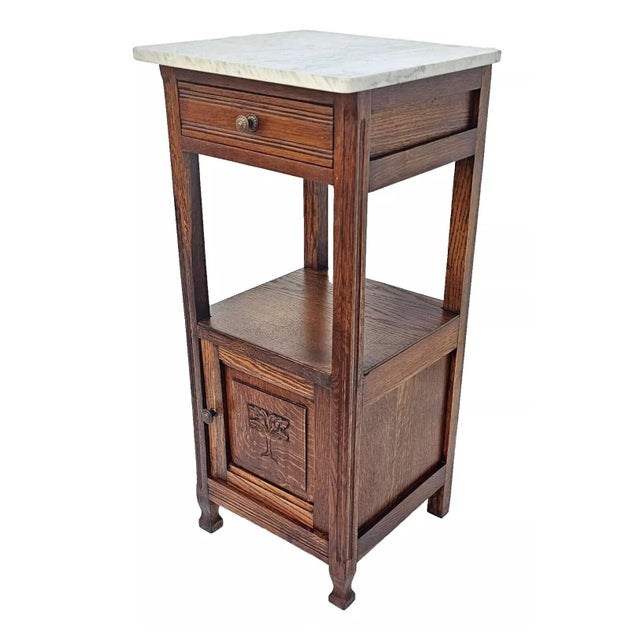 Art Deco Antique 1920s French Oak Nightstand Carved Oak Tree & Acorn Design White Marble For Sale - Image 3 of 12