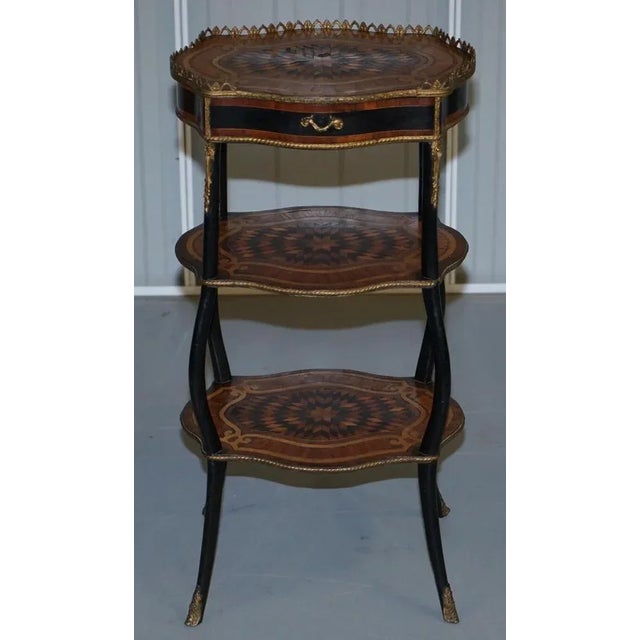 Napoleon III Ebonised and Inlaid Three-Tier Side Table in Fruitwood with Brass Gallery For Sale - Image 3 of 18