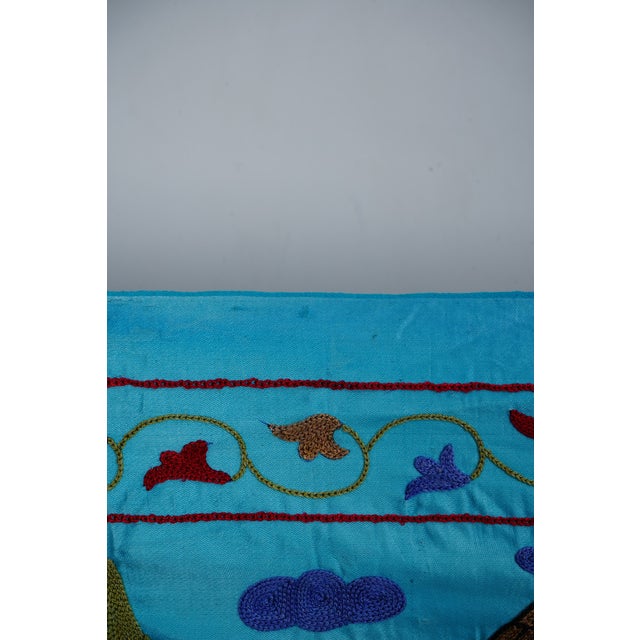 Blue Uzbek Suzani Wall Hanging – Folk Animal Scene Embroidered Textile Art 3'4'' X 6'2'' For Sale - Image 10 of 14